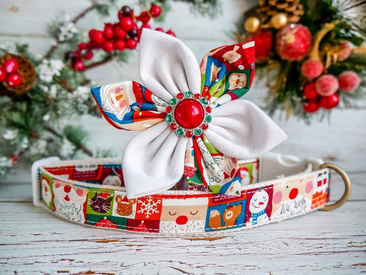 Christmas Flower dog collar, white Red Plaid dog collar, Santa snowman dog collar, Puppy collar, Holiday winter dog Collar, Christmas gift