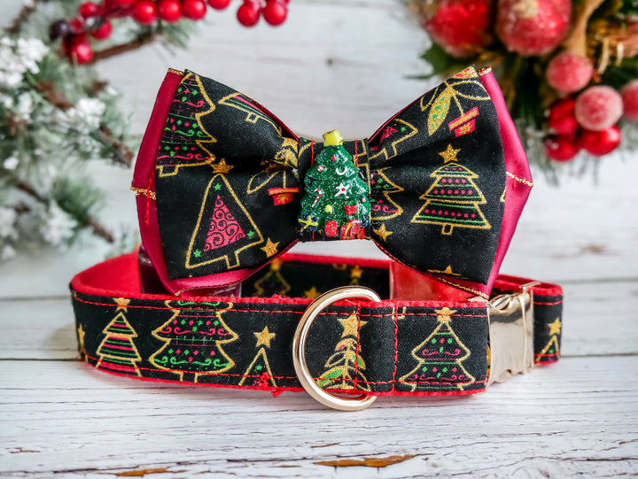 Dog collar with bow tie - Glitter Christmas tree