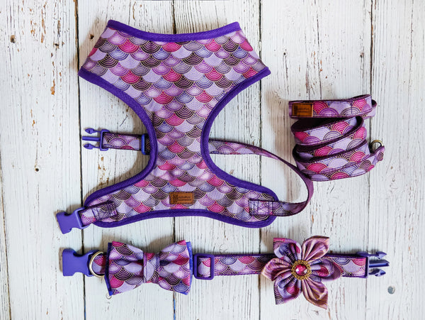 mermaid Scales dog harness collar leash set/ girl Purple dog harness vest