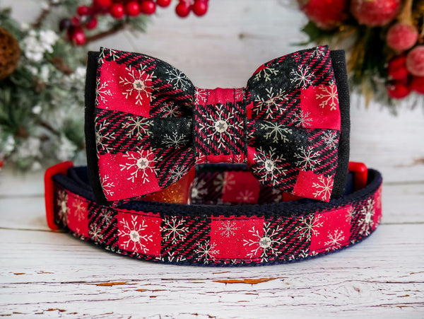 Dog collar with bow tie - Christmas glitter snowflake plaid
