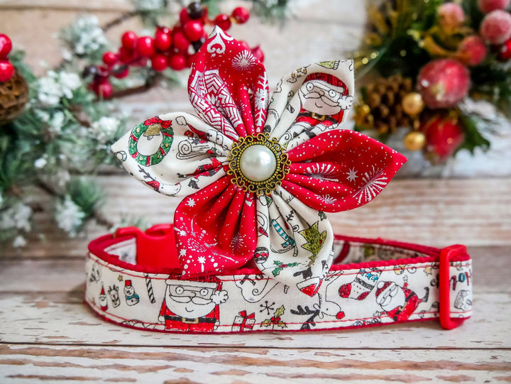 Christmas dog collar with flower - White Santa