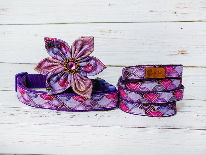 Dog collar with flower - Purple glitter mermaid scales
