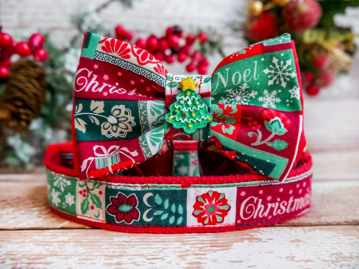 Red green Christmas dog collar, christmas tree dog bow tie collar, Winter holiday dog collar, Christmas pet cat collar, puppy collar
