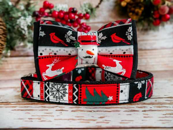Christmas dog bow tie collar, snowman dog collar, Stripe plaid dog collar, Black Red dog collar, holiday boy dog collar, Christmas pet colla