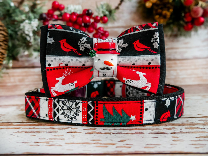 Christmas dog bow tie collar, snowman dog collar, Stripe plaid dog collar, Black Red dog collar, holiday boy dog collar, Christmas pet colla