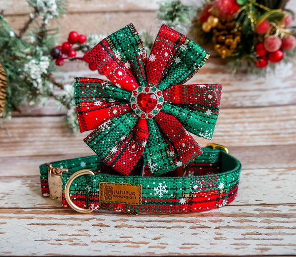 Christmas dog collar with flower - Green red Plaid
