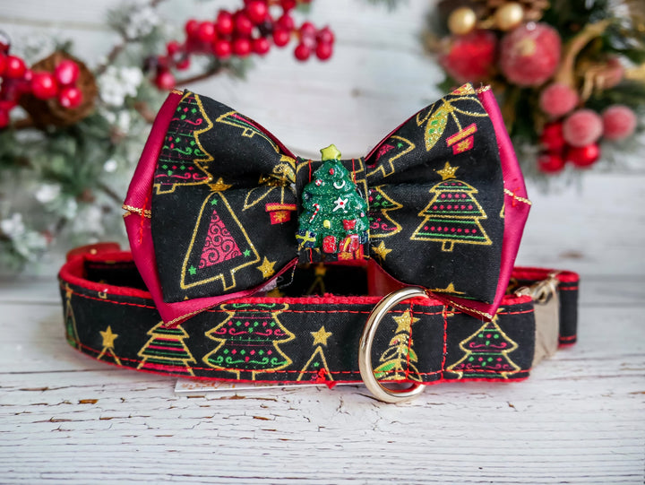 Dog collar with bow tie - Glitter Christmas tree