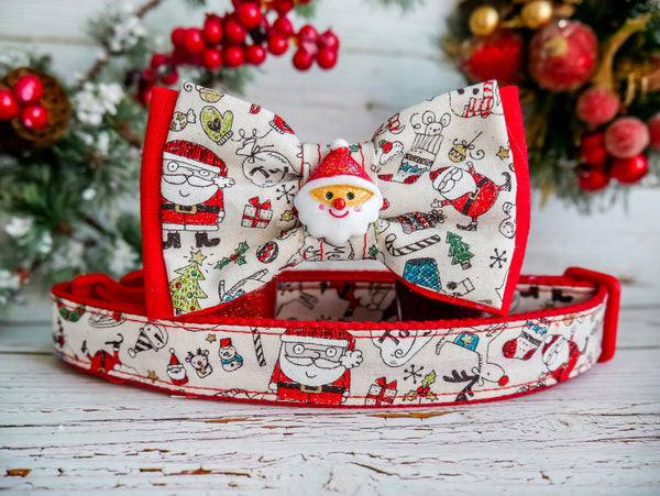 Christmas dog bow tie collar, White Christmas Santa dog collar