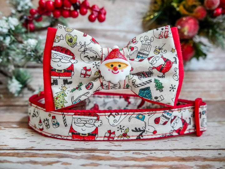 Christmas dog bow tie collar, White Christmas Santa dog collar