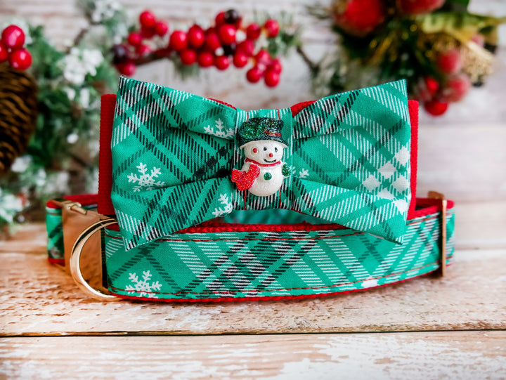 Christmas dog collar, dog bow tie, Christmas green plaid tartan dog collar, brass metal buckle collar, Holiday winter snowman dog collar
