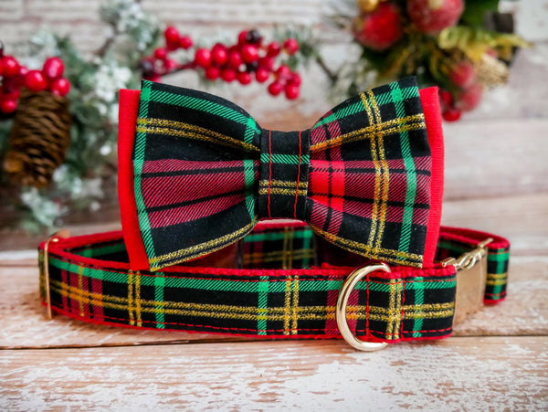Christmas Plaid collar dog bow tie, Holiday red tartan dog collar