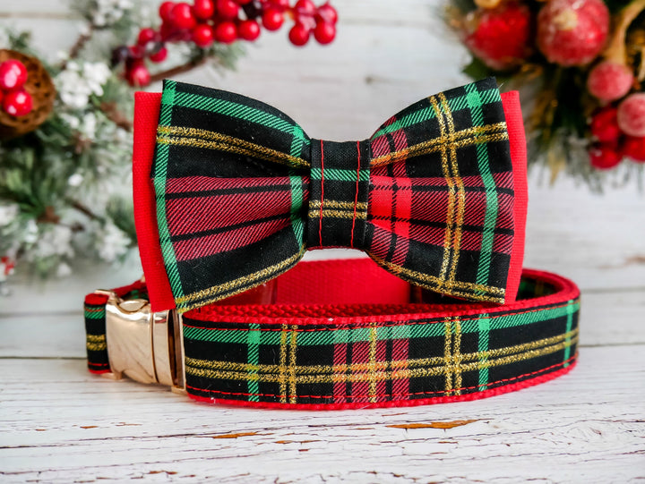 Christmas Plaid collar dog bow tie, Brass metal dog collar, Holiday red tartan dog collar, Black green glitter collar, boy winter dog collar