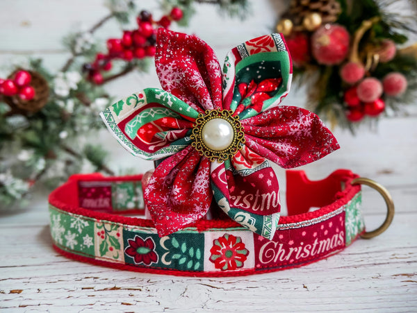 Christmas dog collar, red and green Christmas collar flower, Holiday winter dog collar, Christmas snowflake dog accessories, puppy collar