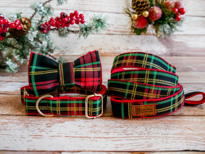 Christmas Plaid collar dog bow tie, Brass metal dog collar, Holiday red tartan dog collar, Black green glitter collar, boy winter dog collar