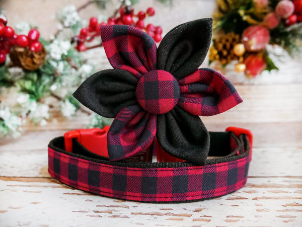 Christmas buffalo plaid dog collar with flower