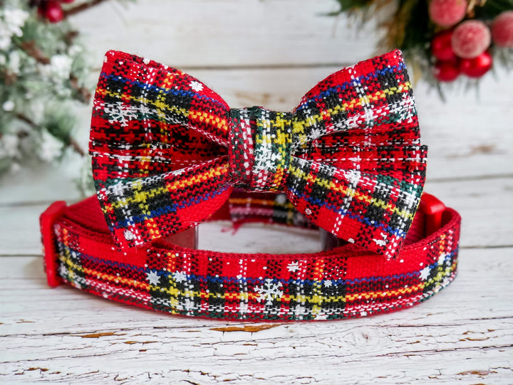 Christmas plaid dog collar bow tie, holiday winter dog collar, Red tartan snowflake dog collar, boy puppy dog collar, small large dog collar