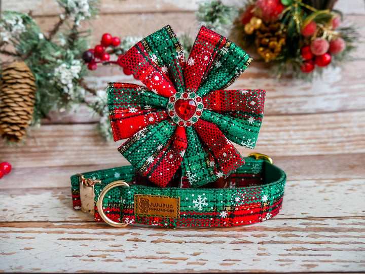 Christmas plaid dog flower collar leash set, Girl Tartan collar and leash, Christmas dog collar, Green red collar, snowflake Puppy collar