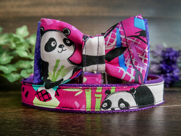 Dog collar with bow tie - pink panda