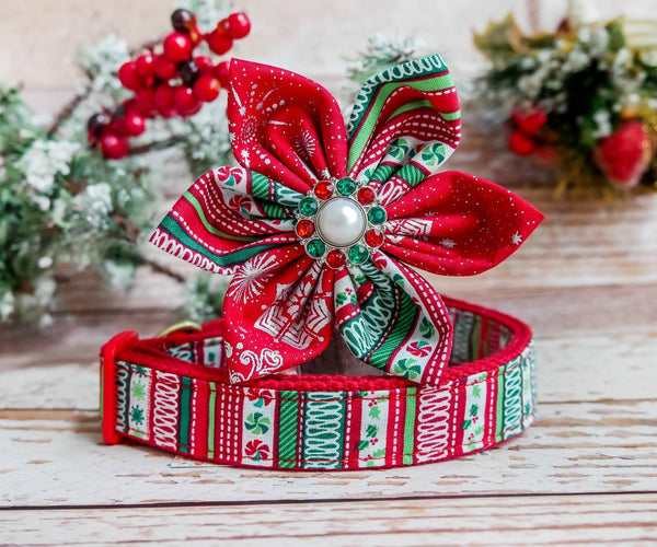 Christmas dog collar with flower - stripes
