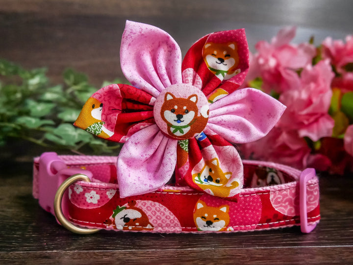 Pink Shiba Inu dog collar with flower