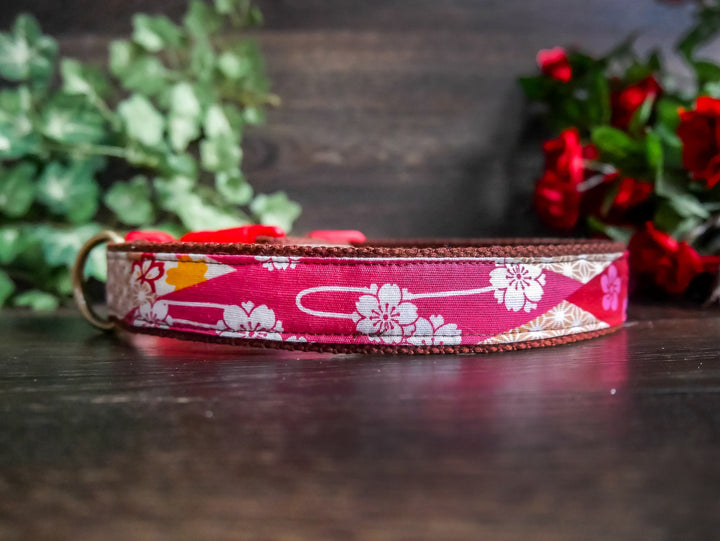 Red floral dog collar, Girl dog collar, Small Flower dog collar, medium large dog collar, female dog collar, Japanese Kimono, puppy collar