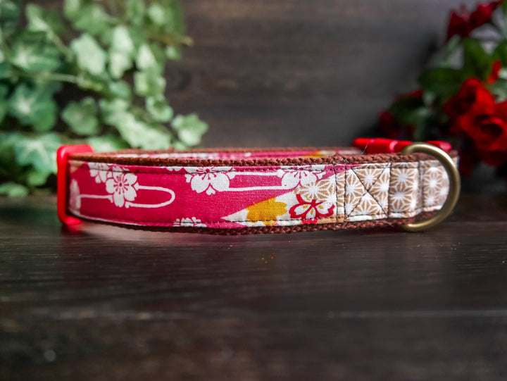 Red floral dog collar, Girl dog collar, Small Flower dog collar, medium large dog collar, female dog collar, Japanese Kimono, puppy collar