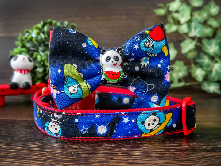 Panda Galaxy dog collar leash set, Boy dog Bow tie collar, Large Puppy collar Package, Designer Small dog collar, dog collar and leash