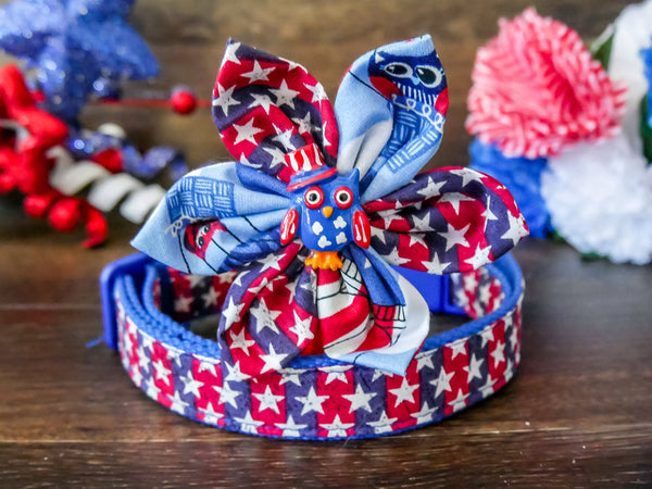 Patriotic dog collar flower/ owl star dog collar/ USA stripe dog collar/ 4th of July dog collar bow/ Girl dog collar/ large small dog collar