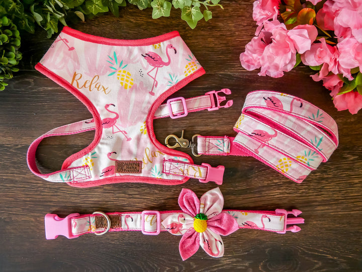 Tropical Flamingo Girl dog harness vest, Summer Beach pineapple dog harness, Medium small dog harness, Custom Pink Puppy dog harness