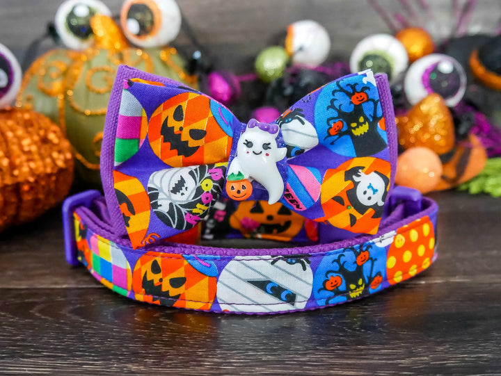 Purple Halloween dog collar bow, Halloween Dog bow tie, Orange Halloween Pumpkin Ghost dog collar, jack o lantern, Boy Girl puppy collar