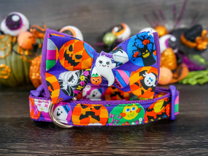 Purple Halloween dog collar bow, Halloween Dog bow tie, Orange Halloween Pumpkin Ghost dog collar, jack o lantern, Boy Girl puppy collar