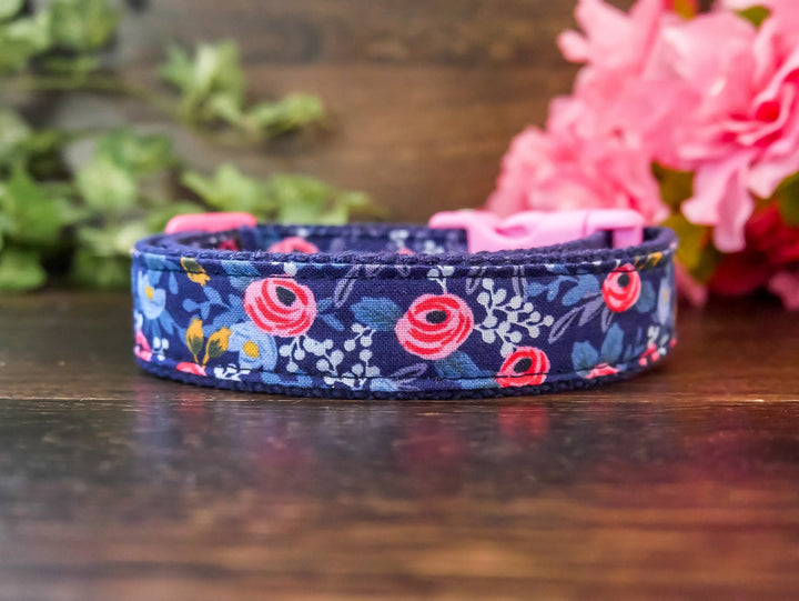 Dog collar with Flower - Rosa Navy