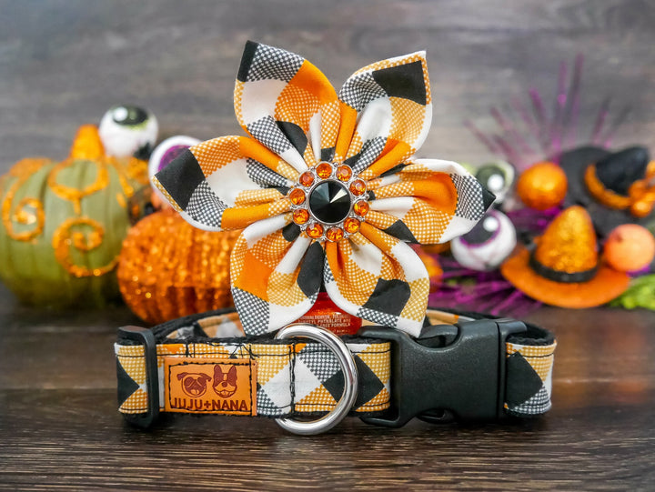 Halloween plaid dog collar with flower