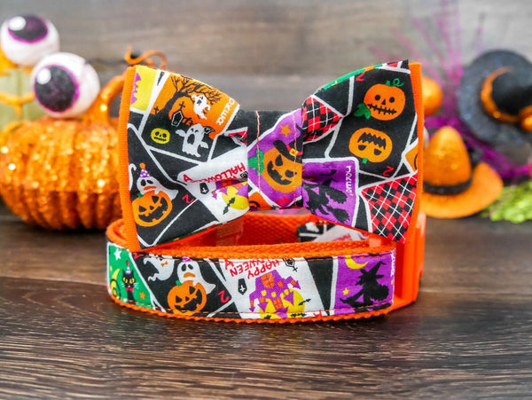 Black Halloween dog collar bow tie, Halloween Dog bow tie, Orange Halloween Ghost pumpkin dog collar, holiday Puppy collar, pet collar