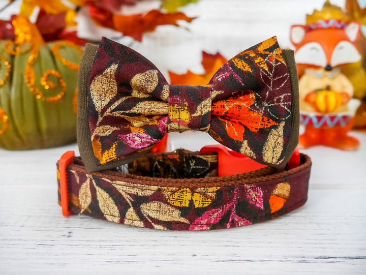 Dog collar with bow tie - Glitter Leaves and acorn