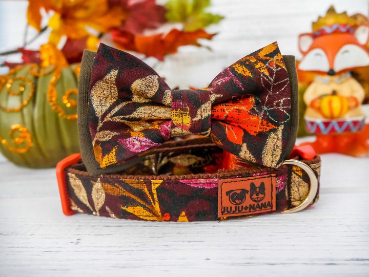 Dog collar with bow tie - Glitter Leaves and acorn