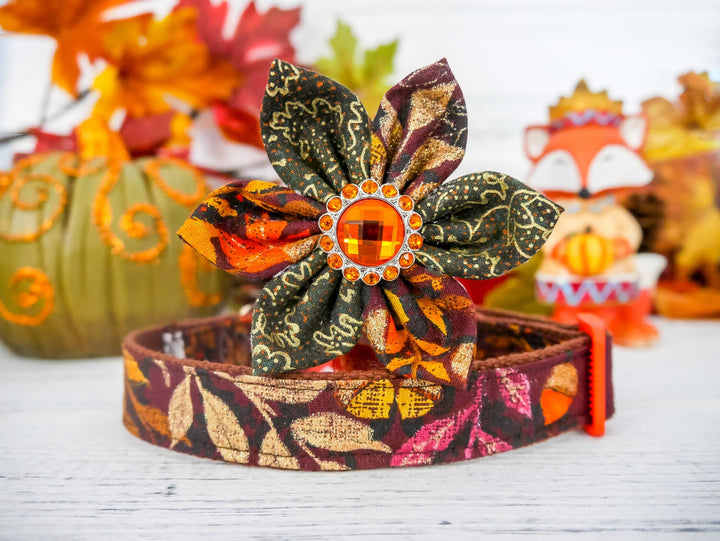 Thanksgiving dog collar with flower - glitter leaves