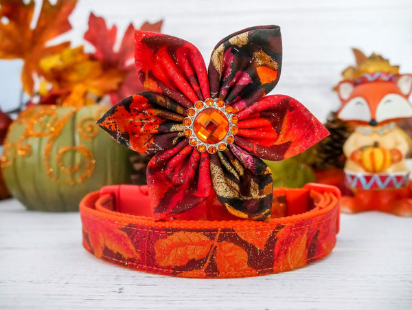 Autumn fall dog collar with flower - Glitter orange leaves