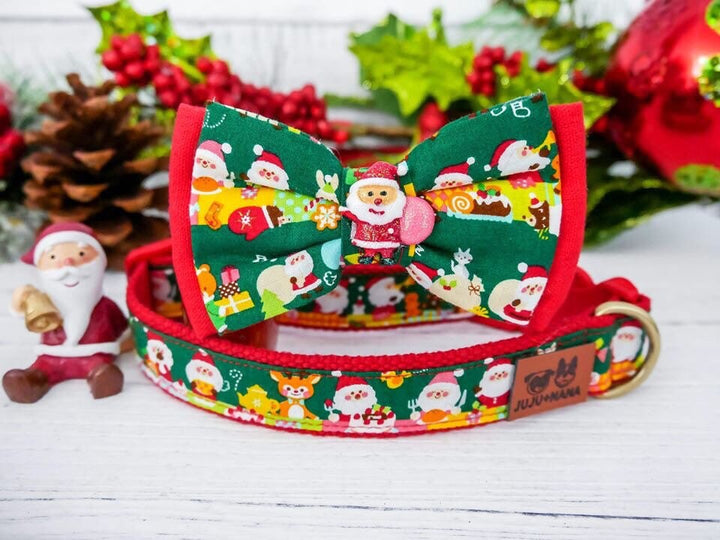 Dog collar with bow tie - Green Santa party
