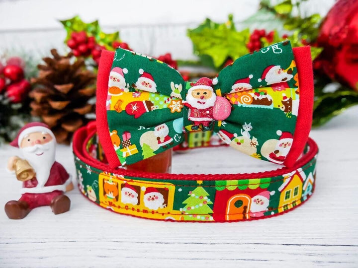 Dog collar with bow tie - Green Santa party