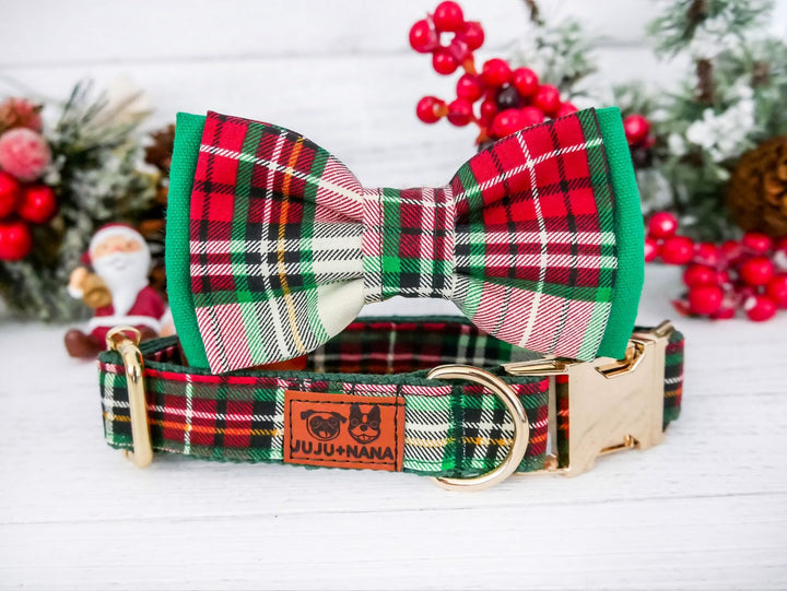 Christmas plaid dog collar/ Christmas dog collar bow tie/ boy girl dog collar