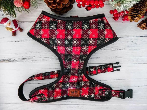 Christmas buffalo plaid dog harness vest, glitter snowflake dog harness