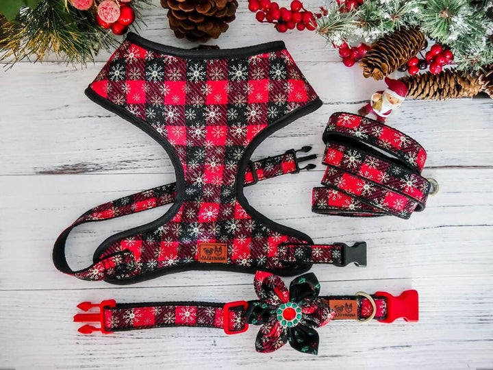 Christmas dog harness set - glitter snowflake and plaid