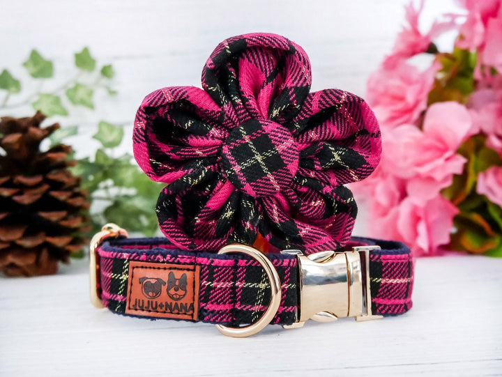 Pink plaid dog collar with flower
