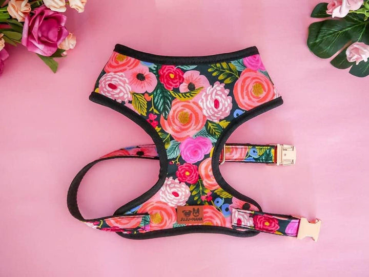 Floral girl dog harness vest/ rifle paper co/ black flower boho dog harness/ soft Small Puppy harness/ personalized medium female harness
