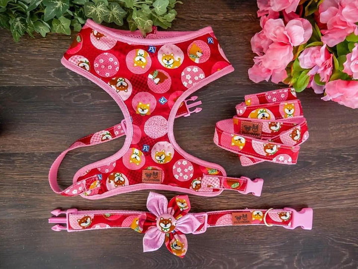 Girl Shiba Inu dog harness set/ pink fox dog leash and harness/ cute designer dog harness lead/ custom small medium dog harness vest
