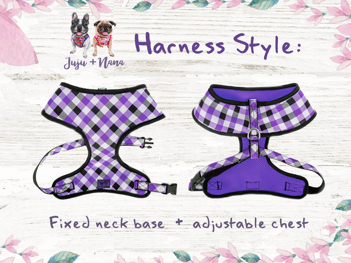Purple Girl dog harness vest leash set, Flower dog collar set, French bulldog harness, Custom Medium Puppy Small dog harness collar leash