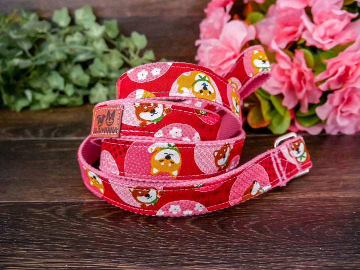 Pink Shiba inu dog flower collar leash set