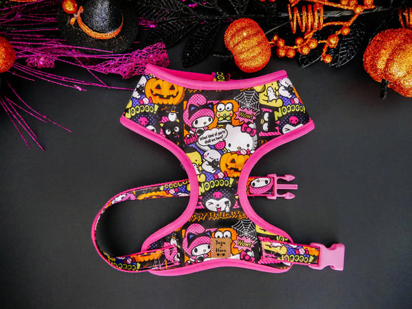 Halloween dog harness - kawaii kitty - pink trim