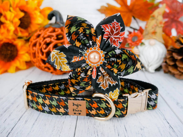 Autumn plaid dog collar with flower - hounds tooth check